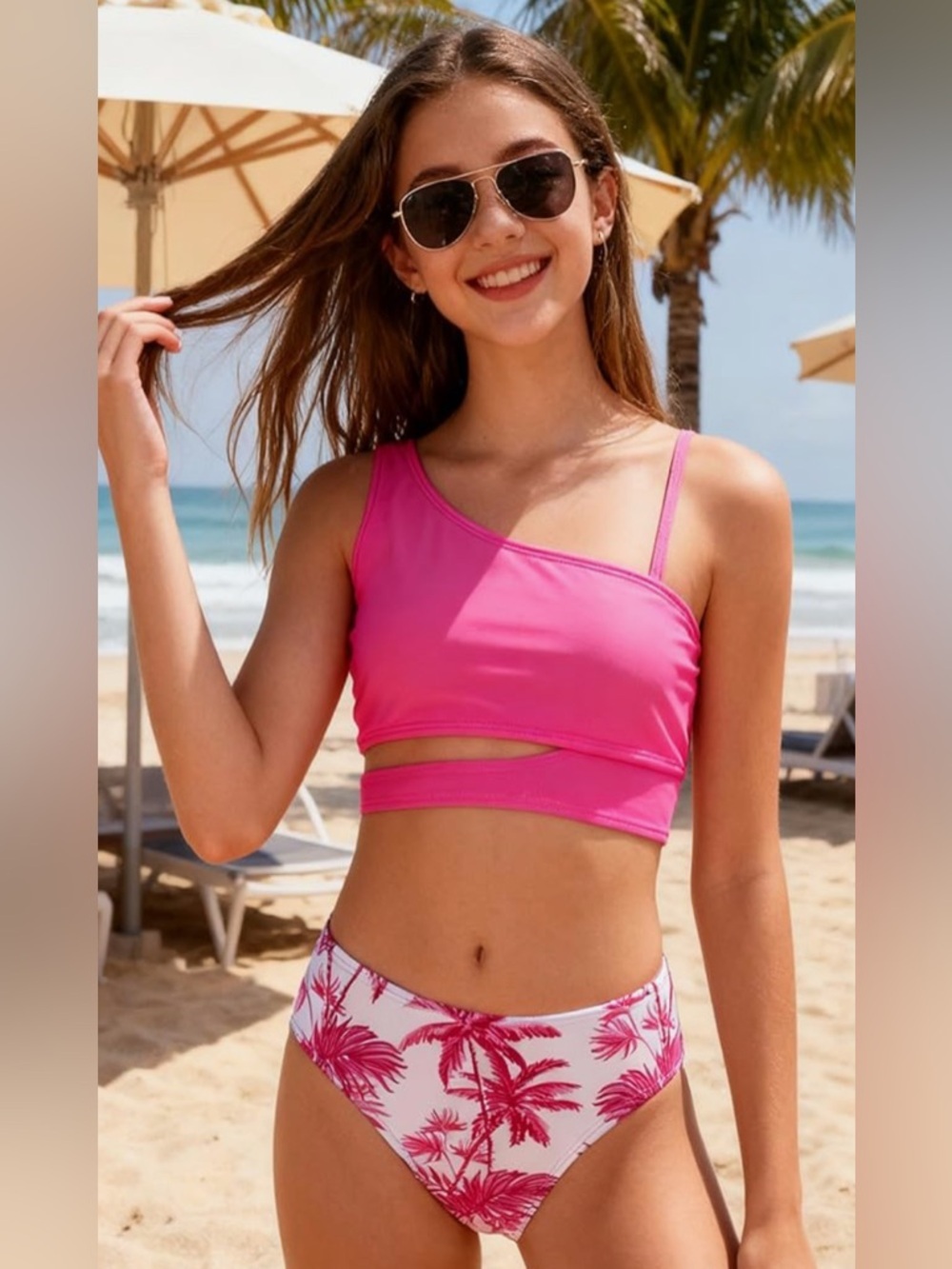 NEW- 13-14 Girls Pink One-Shoulder Cutout Bikini Top with Tropical Print Bottoms - Picture 1 of 8